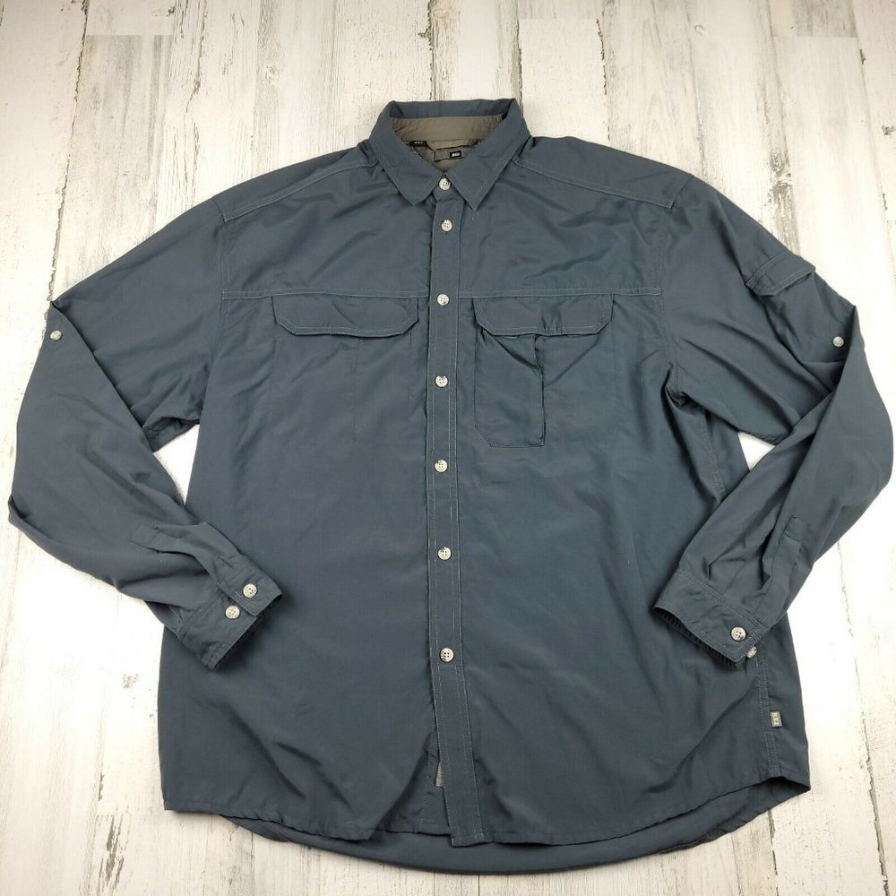 REI UPF 50+ Gray Check Coolplus Long Sleeve Hiking Fishing Outdoor Shirt